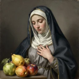 michelangelo masterpiece ultrarealistic ultradetailed painting of catholic veiled lady beside fruits, still life, greg rutkowski, immerse, slime, 2 1 th century, special effects makeup, maximalist, glittering, gold, ivory, hyperreal, golden ratio, alphonse mucha