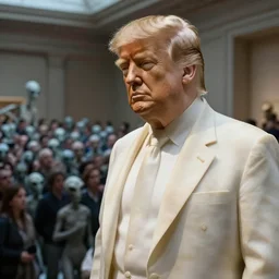 close up photo of highly detailed marble statue of donald trump in a museum with a large crowd of gray aliens observing, far future, 8 k, 1 5 0 mp,