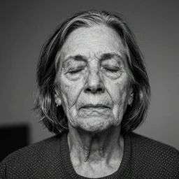 A hyper-realistic black and white photograph taken with a 50mm 1.4 lens of a 180-year-old woman with her eyes closed.