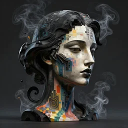 epic concept art. abstract female face silhouette mixing with black and color liquid fluid. abstract sculpture. pixel sorting art deco swirls. smoke simulation, vfx, cinema 4 d, tyflow. masterpiece, michelangelo. concept art, matte painting. greg rutkowski, wlop, victo ngai, kandinski