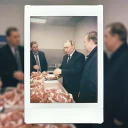 vladimir putin visiting butchery, medium shot, cinematic focus, polaroid photo, vintage, neutral dull colors, soft lights, foggy mist, by oleg oprisco, by thomas peschak, by discovery channel, by victor enrich, by gregory crewdson