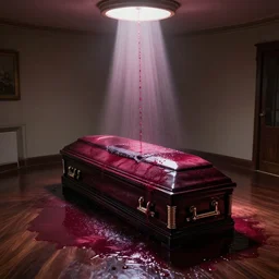 a room with an open coffin in the middle of the room. flooding with red wine. shaft of light shines down from above