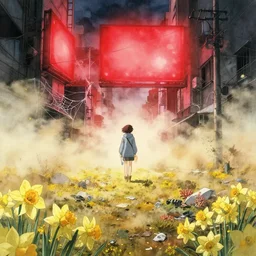 incredible anime movie scene, mamoru oshii, otomo, ultra wide, dust cloud, vanishing point, hoody woman explorer, watercolor, empty, spiderwebs, trash, coral reef, daffodils, glowing red billboards, foggy volumetric bloom lighting, rim light, abandoned city, paper texture, deserted shinjuku junk town, wires, telephone pole, pollen, yellow, red