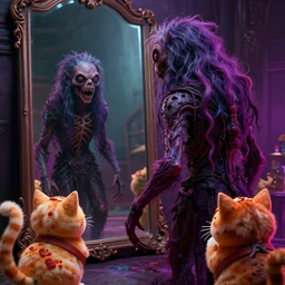 beautiful digital fantasy illustration of a creepymania creature standing in front of a mirror, concept art by Alex Horley-Orlandelli, scary, dark, fantasy, renderman render, 3D, photorealistic, concept art, complementary color, vibrancy color, high detail texture, unreal engine, 8k, samurai pizza cats, vivid, intense, Photographic quality, ultra hyper realistic quality, 8k definiton, hyper-realistic, cinematic, cinematic lighting