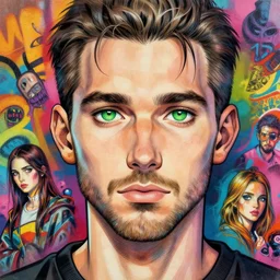beautiful anime of guy without hair with short beard and green eyes, by sherree valentine daines, peter mohrbacher, alice neel, donato giancola, mike winkelmann, laurie greasley. trending on artstation, 8 k, masterpiece, graffiti, fine detail, full of color, intricate detail, golden ratio illustration, face detail