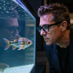 stunning photo of ray romano with glasses, looking at catfish in an aquarium, 3 5 mm lens