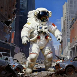 frazetta style!!! american white spacesuit chubby astronaut in giant postapocalyptic abandoned destroyed times square, wrecked buildings, destroyed flipped wrecked cars, in the style of painting by frazetta