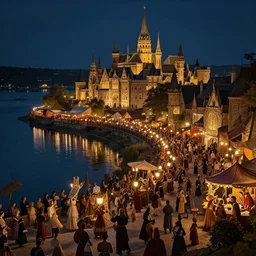 medieval city festival near lake at night, beautiful lit lamps, 8 k highly detailed art, intricate, stanley lau, artgerm, artstation, smooth, far shot, wlop, alphonse mucha, cinematic shot, cinematic lighting