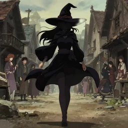 kyoani, key anime visual portrait of a young female witch walking through a busy medieval village, dynamic pose, dynamic perspective, cinematic, dramatic lighting, muted colors, detailed silhouette, textured, anime proportions, alphonse mucha, perfect anime, yoh yoshinari, takashi murakami