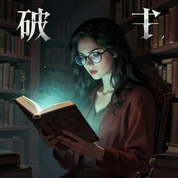 a woman with glasses reads a demonic glowing book in a creepy library, comic book cover, 8 k, soft lighting, digital painting, cinematic