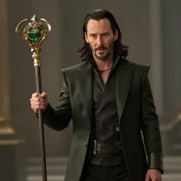 film still of Keanu Reeves as Loki holding scepter in Loki tv show