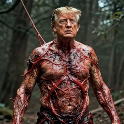 eric trump body horror directed by david cronenberg, limb mutations, swollen veins, red flesh strings, cinestill 8 0 0 t, 1 9 8 0 s movie still, film grain