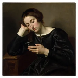 a pre raphaelite painting of claudine longet, bored, looking at her iphone by dante gabriel rossett