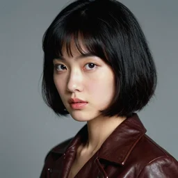 ektachrome, 3 5 mm, highly detailed : incredibly realistic, youthful asian demure, perfect features, feminine cut, beautiful three point perspective extreme closeup 3 / 4 portrait photo in chiaroscuro style 1 9 7 0 s frontiers in flight leather suit cosplay vogue fashion edition, nick night, show studio, grey backdrop