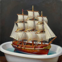 intricate five sail toy boat in bath tub, oil on canvas, hdr, high detail, photo realistic, hyperrealism, surrealism, cinematic, matte finish, high contrast, 3 d depth, centered, masterpiece, vivid and vibrant colors, enhanced light effect, enhanced eye detail, artstationhd