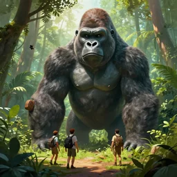 explorers finding a big gorilla statue in the jungle, concept art, art station, cg society, game concept, mike azevedo style
