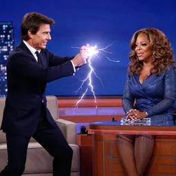Tom Cruise shooting lightning from his hands towards Oprah on her tv show