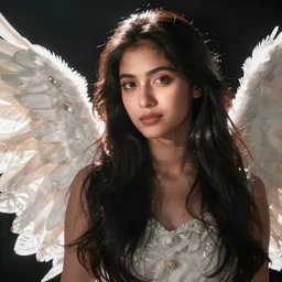 beautiful female angel, south Asian, asymmetrical face, ethereal volumetric light, sharp focus