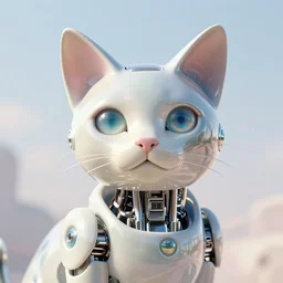 a close portrait of modern cybernetic cat made from porcelain and steel, insane reflexions, pastel colored, daylight, peaceful, 8 k, ambient occlusion, octane render