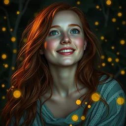 infp young woman, smiling amazed, golden fireflies lights, sitting in the midst of nature fully covered, long loose red hair, intricate linework, bright accurate green eyes, small nose with freckles, oval shape face, realistic, expressive emotions, dramatic lights spiritual scene, hyper realistic ultrafine art by caravaggio, artemisia lomi gentileschi, jessica rossier