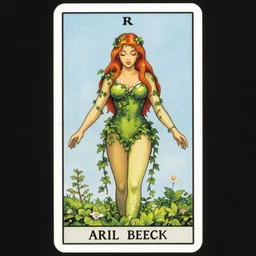 a stunning tarot card of ariel dressed as a beautiful poison ivy with hair tied in a braid, dark eyeliner, intricate, elegant, highly detailed, digital painting, artstation, concept art, sharp focus, illustration, art by jugendstil and greg rutkowski and alphonse mucha