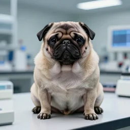 pug sloth hybrid, chymera, in laboratory panoramic, wide depth of field, 8 k