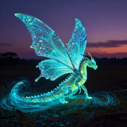florescent dragon with butterfly wings on a dusk lands, glow wave, neon, luminescent