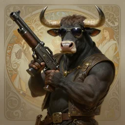 an anthropomorphic bull wearing sunglasses holding a very massive machine gun, diffuse lighting, fantasy, intricate, elegant, highly detailed, lifelike, photorealistic, digital painting, artstation, illustration, concept art, smooth, sharp focus, art by frank frazetta and marco bucci and loish and rossdraws and artgerm and alphonse mucha