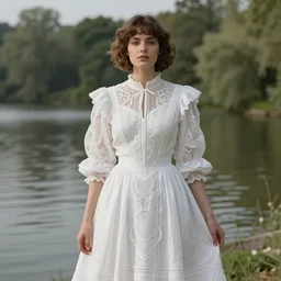 photo, extreme long shot, woman posing, short wavy hair, round face, intricate white dress, lakeside, cottagecore!!, intricate, enlightened, highly detailed, smooth, sharp focus, inspired by artgerm, by marat safin, and alphonse mucha