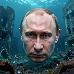 underwater photographs of vladimir putin close head macro in postapocalyptic abandoned destroyed deep sea times square, wrecked buildings, destroyed flipped wrecked cars, underwater polaroid photo, vintage, neutral colors, underwater, by shawn heinrichs and gregory crewdson