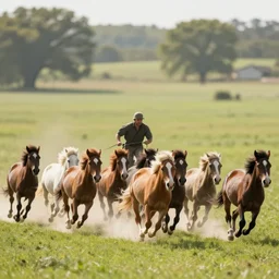 a man fleeing from many tiny horses