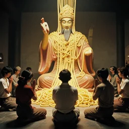 a group of people praying to a giant spaghetti deity, canon 5 0 mm, cinematic lighting, photography, retro, film, kodachrome