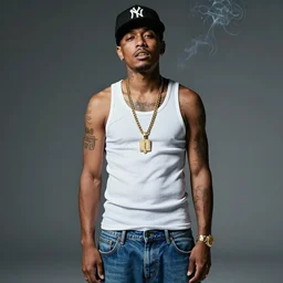 mr. bean wearing a white tank top with blue baggy jeans with a black cap, gold chain around neck, golden teeth, tattoo on face, rapper, dramatic, smoke in background, 4 k, realistic, gangster vibe, savage, studio portrait