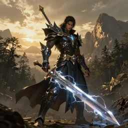 sephiroth with lightning sword realistic, ultra detailed, menacing, powerful, dark, golden hour, forest, mountains in the background concept art Ross Tran