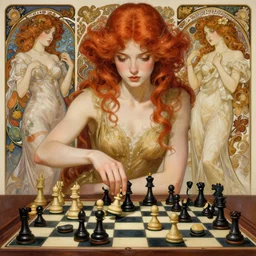 a full body fashion photography of a girl playing chess, red hair, intricate, elegant, clearly visible face, highly detailed, digital gallery painting, artstation, concept art, smooth, sharp focus, illustration, art by artgerm and greg rutkowski and alphonse mucha, 8 k