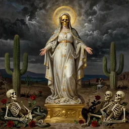 detailed realistic michael angelo painting of glowing full body elegant ornamented virgin mary saint golden skull face dressed in fancy rococo attire standing over a roman gold-made pedestal in a barren land with cactus. stormy weather. apocalypsis. skleletons roses and serpents on the floor