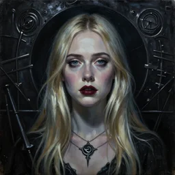 a striking esoteric painting of Elle Fanning, dark, metal, black background, occult, by Paulina Peavy