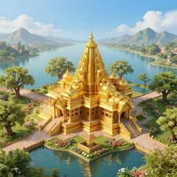isometric view of an ancient hindu temple made of gold in serene floral environment alongside a beautiful lake, bright blue sky, art deco, oak trees, mountainous background, distant, high angle, wide angle, global illumination, trending on artstation, octane render, cgsociety, surrealist, cinematic, unreal engine 5