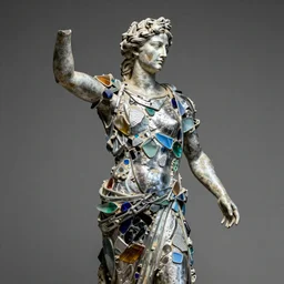 “Apollo statue made of pieces of huge pieces of colored glass and chrome metal, detailed but rough, 4k photo, great light and shadows”