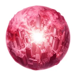 adularia, apocalyptic spherical explosion, city, akira art style, pink, red