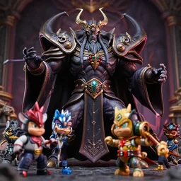 a hyperrealistic rendering of an epic boss fight against an ornate supreme dark overlord by pokedstudio, product photography, collectible action figure, sofubi