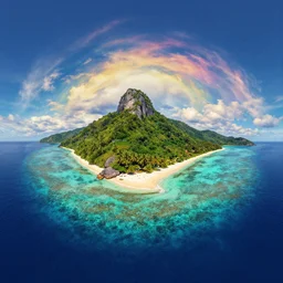 equirectangular 360 photo of the perfect island, colorful, by Andy Thomas, Mario Martinez, Daniel Mirante, Gustave Dore, Artstation, CGsociety, masterpiece