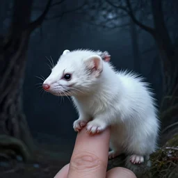 photorealistic intricate white ermine at night on a finger, flikr, by john atkinson grimshaw, by george stubbs, by virgil finlay, h. r. giger, eerie, dreamlike