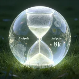 crystal preservation chamber!!!!, serpentine curve!!!, dissipate!!, unwind!, a 8k concept illustration of a large glowing ball, superimposed over an 8k field of grass. The surface of the sphere glows softly in the shape of an hourglass, and has a filigree texture that gives the impression of swirling leaves or butterflies.