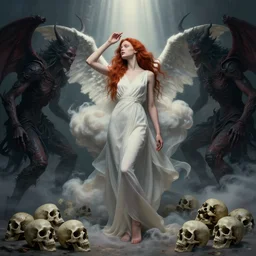 photo of a gorgeous young caucasian redhead girl , full body, high fashion model, searching for eternity, skulls around, cloud goddess, duality, far away dreamy atmosphere, rays of light, deep shadows, demons in the style of stefan kostic, hyper realistic, sharp focus, 8k high definition, high fashion, vogue, insanely detailed, intricate, elegant, art by stanley lau and artgerm, brom