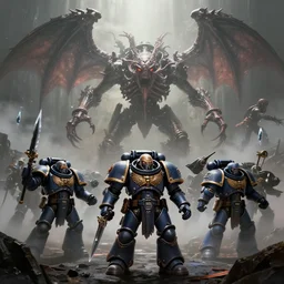a group of space marines battling against an eldritch abomination, high detail, soft light, warhammer, cinematic, high resolution, concept art, dark atmosphere, fog, trending, stunning shot