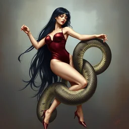 a girl win long black hair dancer heels, burgundy bodysuit entwined with a python. highly detailed digital painting, watercolor, soviet realism, engraving, artstation, smooth, sharp focus, vivid grunge, manga, illustration, unreal engine 5, 8 k. art by bilibin, kilian eng, kuvshinov, malevich, mucha