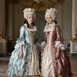 2two women with baroque dresses and baroque wigs in a hall, fashion photography
