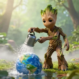 photorealistic wide shot of Groot watering The earth with a watering can, octane render, unreal engine 4k, volumetric light, fog, detailed –n 9
