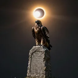 a stone monument of a buzzard with a solar eclipse behind it, ominous, music album artwork